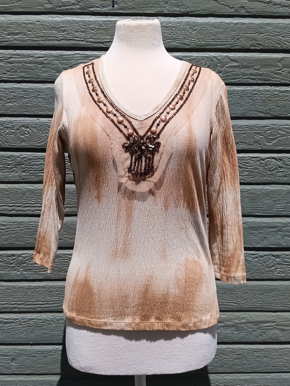 Tryst Cream and Brown Embellished V-Neck 3/4 Sleeve Top